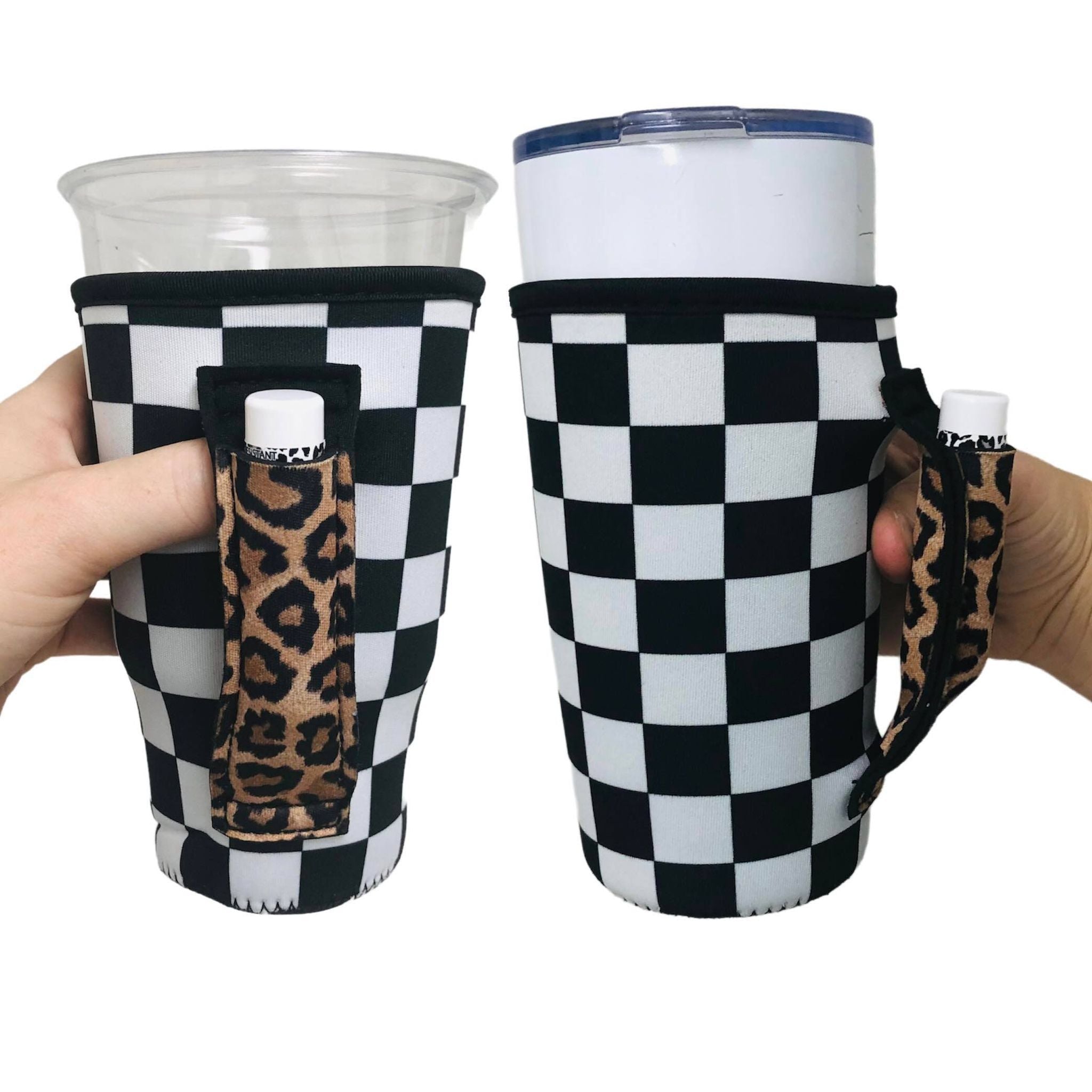 Tan Checkerboard 25-35oz Tumbler With Handle Sleeve – Drink Handlers