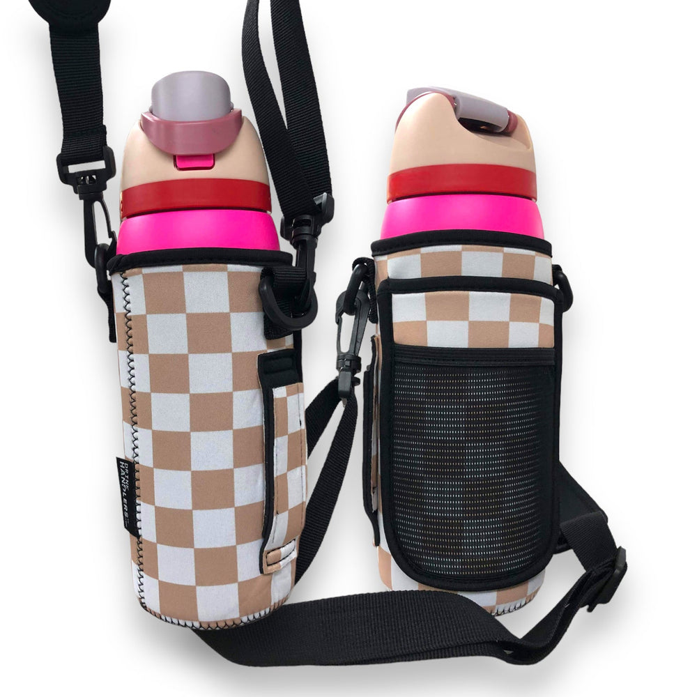 Tan Checkerboard 30-40oz Tumbler Handler™ With Carrying Strap - Drink Handlers