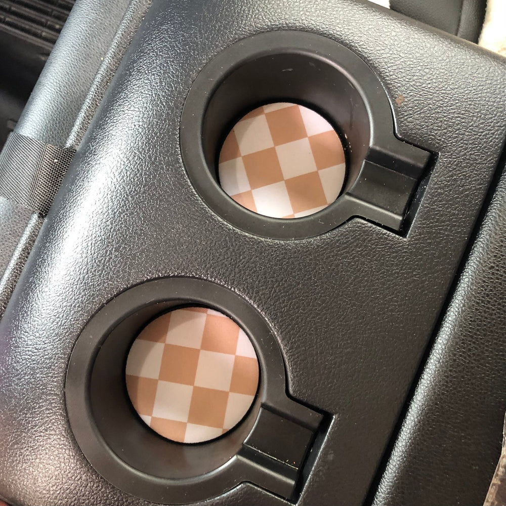 Tan Checkerboard Neoprene Car Coasters - Drink Handlers