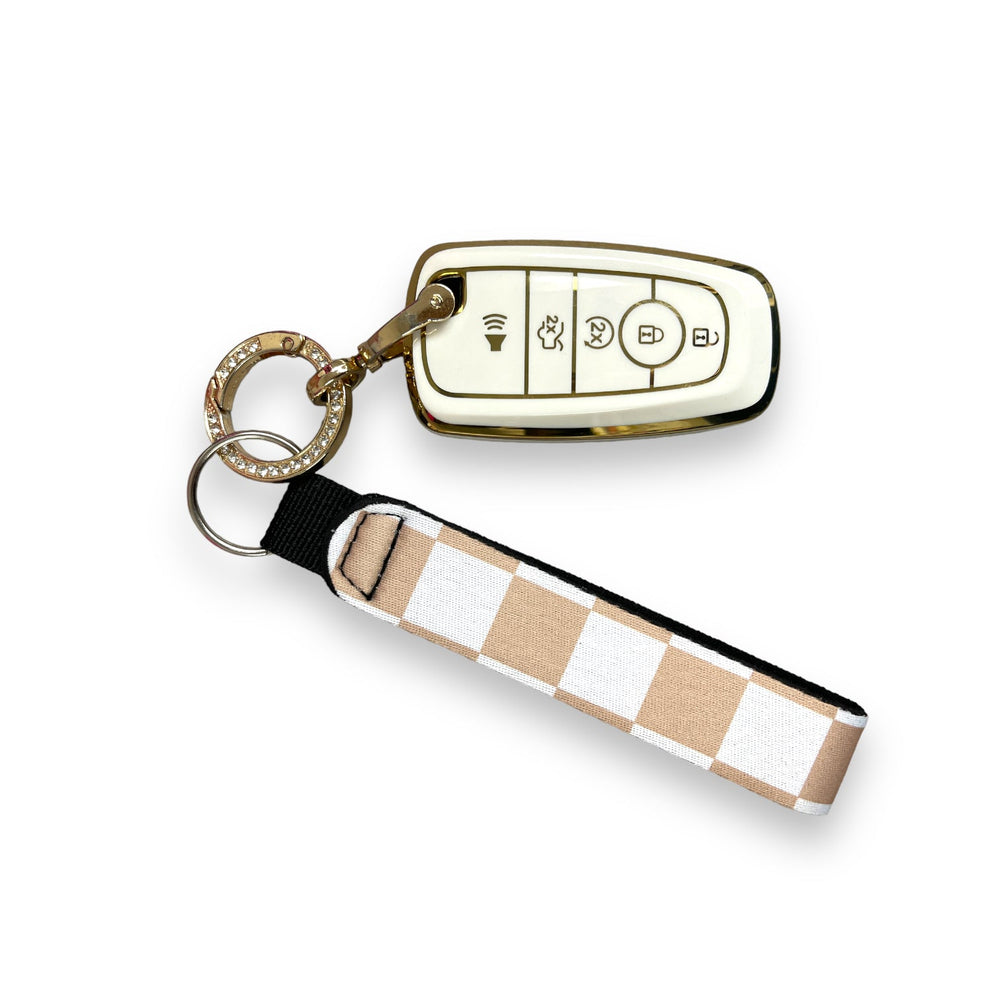 Tan Checkerboard Wristlet Keychain - Drink Handlers