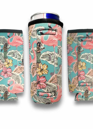 3 - Pack No - Pocket 12oz Slim Can Handler™ Hawaiian Flamingo - Drink Handlers