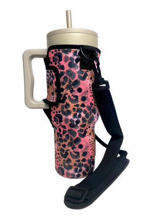 Blushing Leopard 40oz Tumbler With Handle Sleeve - Drink Handlers