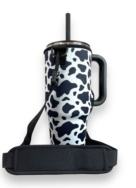 Black and White Cow 40oz Tumbler With Handle Sleeve - Drink Handlers