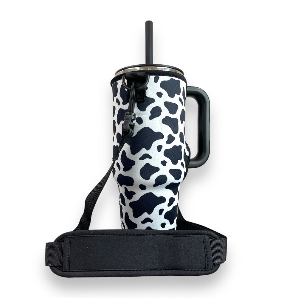 Black and White Cow 40oz Tumbler With Handle Sleeve - Drink Handlers