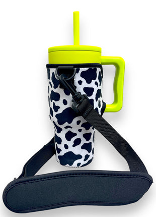Black and White Cow Print 25-35oz Tumbler With Handle Sleeve - Drink Handlers