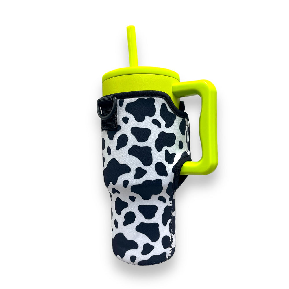 Black and White Cow Print 25-35oz Tumbler With Handle Sleeve - Drink Handlers