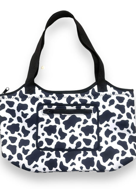 Black and White Cow Print Neoprene Tote - Drink Handlers