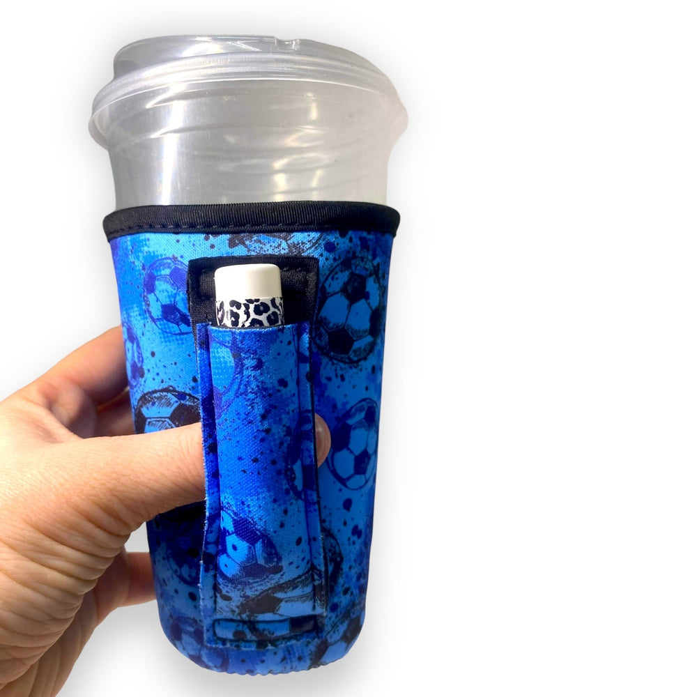 Blue Soccer 16oz PINT Glass / Medium Fountain Drinks and Hot Coffee Handlers™ - Drink Handlers