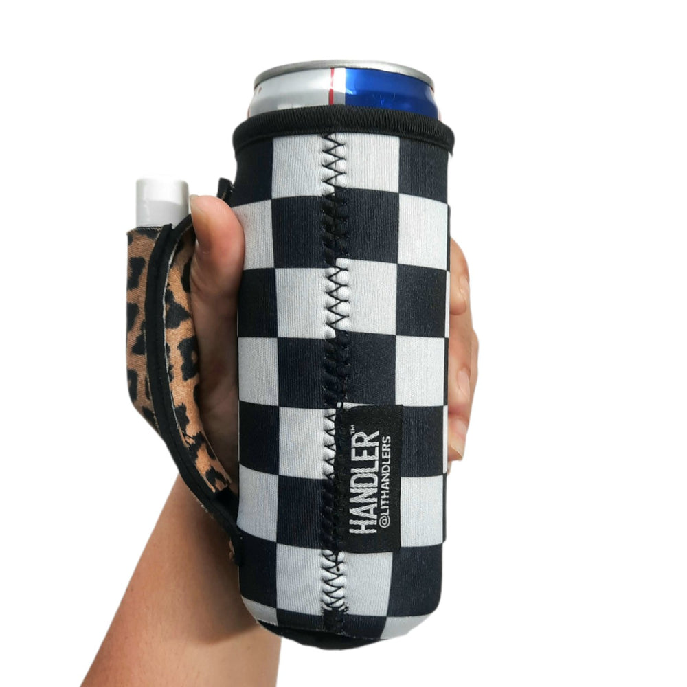 Checkerboard w/ Leopard 12oz Slim Can Handler™ - Drink Handlers