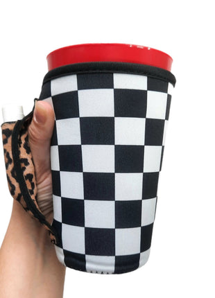Checkerboard w/ Leopard 16oz PINT Glass / Medium Fountain Drinks and Tumbler Handlers™ - Drink Handlers