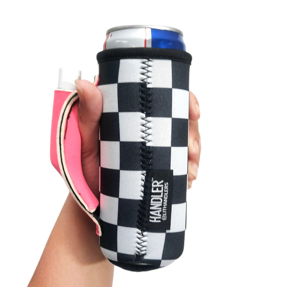 Checkerboard w/ Neon Pink 12oz Slim Can Handler™ - Drink Handlers