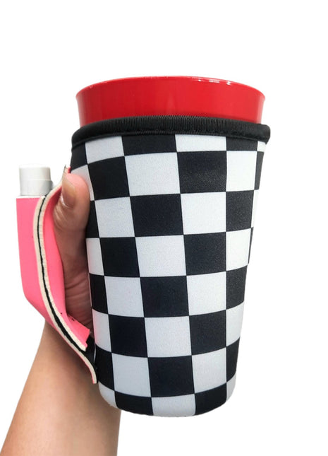 Checkerboard w/ Neon Pink 16oz PINT Glass / Medium Fountain Drinks and Tumbler Handlers™ - Drink Handlers