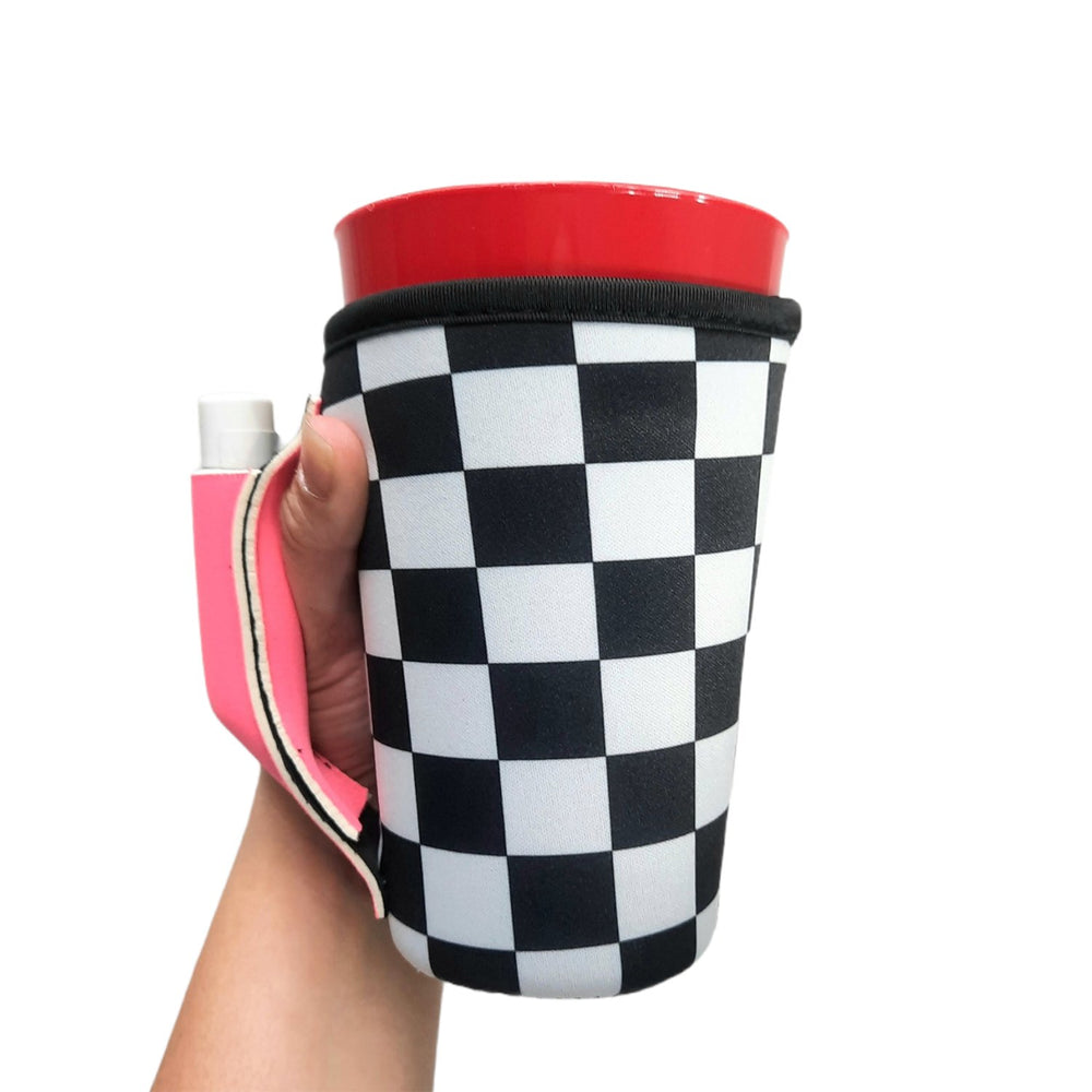 Checkerboard w/ Neon Pink 16oz PINT Glass / Medium Fountain Drinks and Tumbler Handlers™ - Drink Handlers