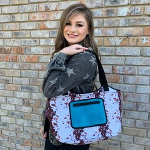Cowhide W/ Turquoise Leather Pocket Neoprene Tote - Drink Handlers