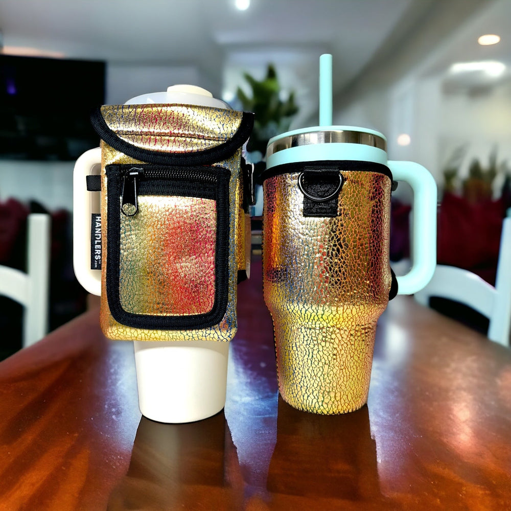 Glimmering Gold 25-35oz Tumbler With Handle Sleeve - Drink Handlers