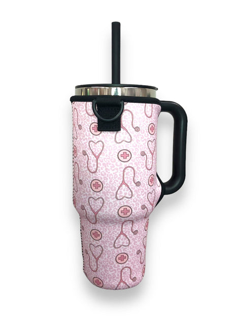 Nurse Leopard 40oz Tumbler With Handle Sleeve - Drink Handlers