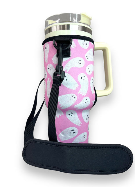 Pink Ghost 40oz Tumbler With Handle Sleeve - Drink Handlers