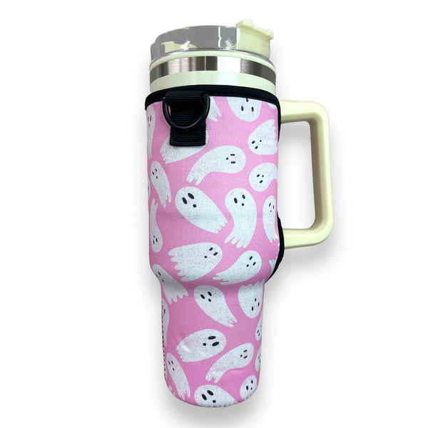 Pink Ghost 40oz Tumbler With Handle Sleeve - Drink Handlers