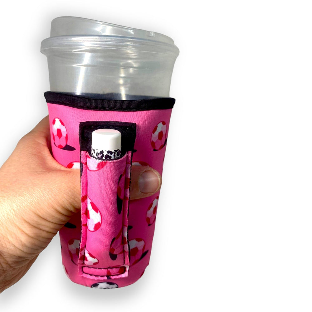 Pink Soccer 16oz PINT Glass / Medium Fountain Drinks and Hot Coffee Handlers™ - Drink Handlers