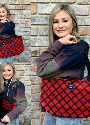 Red Plaid Neoprene Tote - Drink Handlers