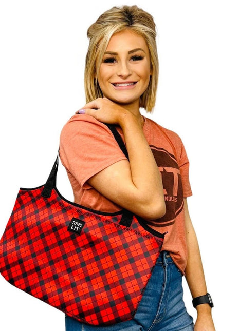 Red Plaid Neoprene Tote - Drink Handlers