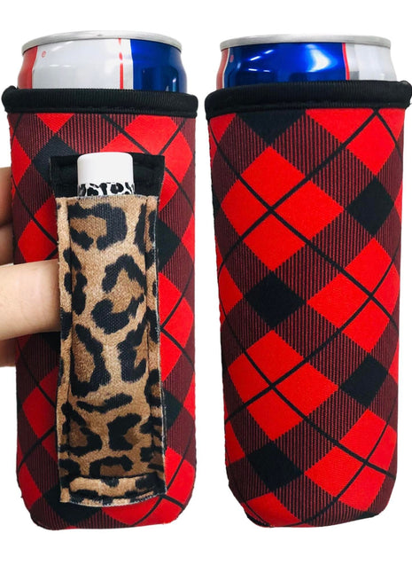Red Plaid w/ Leopard 12oz Slim Can Handler™ - Drink Handlers
