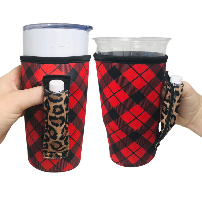 Red Plaid w/ Leopard 20oz Large Coffee / Tea / Tumbler Handler™ - Drink Handlers