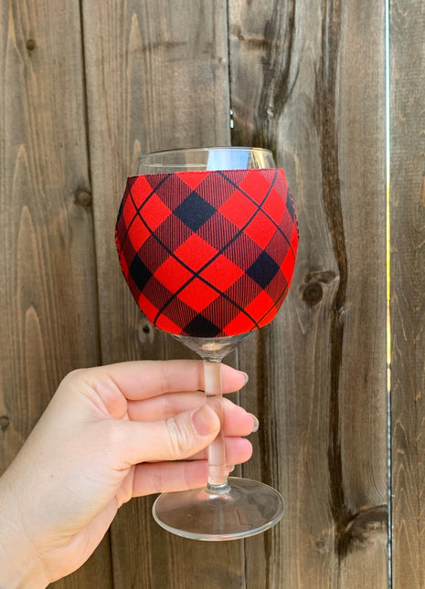 Red Plaid Wine Glass Sleeve - Drink Handlers