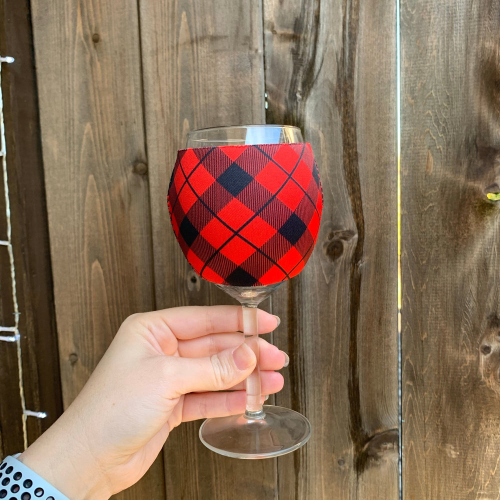 Red Plaid Wine Glass Sleeve - Drink Handlers