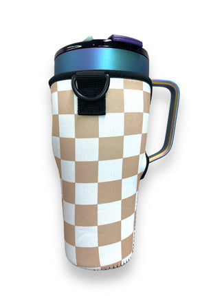 Tan Checkerboard 25-35oz Tumbler With Handle Sleeve - Drink Handlers