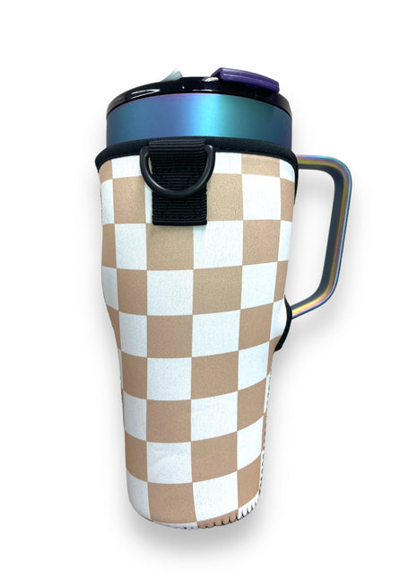 Tan Checkerboard 25-35oz Tumbler With Handle Sleeve - Drink Handlers