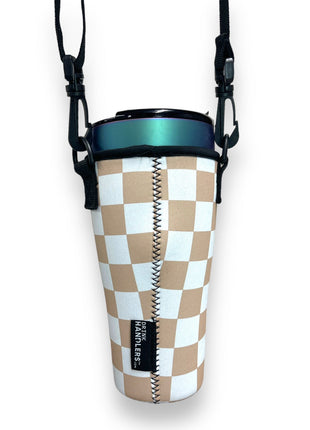Tan Checkerboard 25-35oz Tumbler With Handle Sleeve - Drink Handlers
