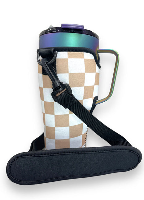 Tan Checkerboard 25-35oz Tumbler With Handle Sleeve - Drink Handlers