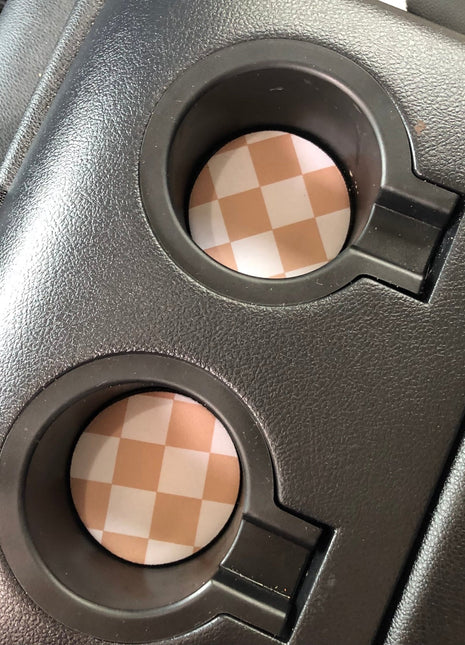 Tan Checkerboard Neoprene Car Coasters - Drink Handlers