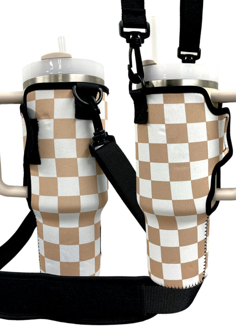 Tan Checkers 40oz Tumbler With Handle Sleeve - Drink Handlers