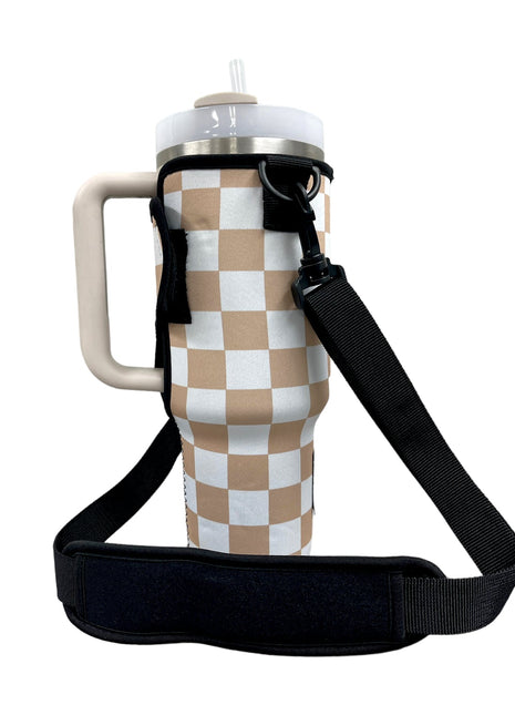 Tan Checkers 40oz Tumbler With Handle Sleeve - Drink Handlers
