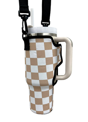 Tan Checkers 40oz Tumbler With Handle Sleeve - Drink Handlers